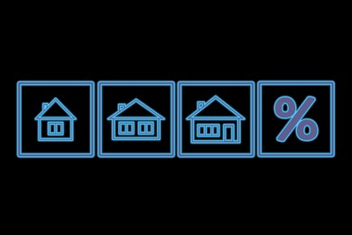 Image of Real estate. Houses and percent sign on black background, illustration