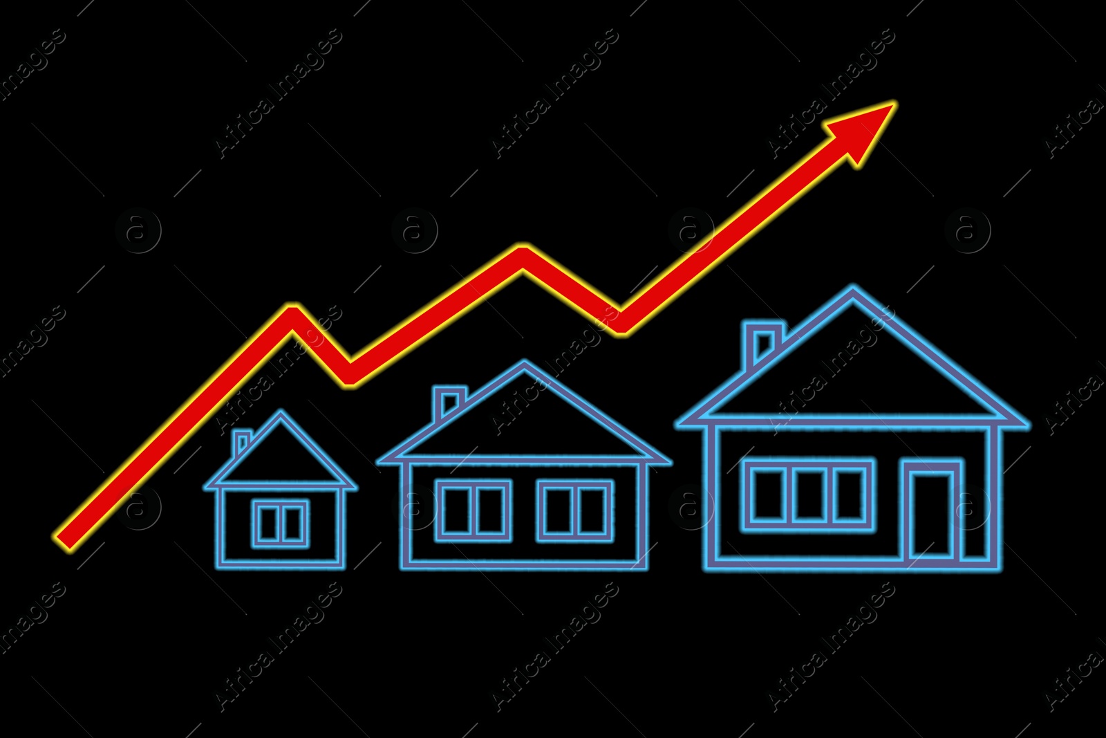 Image of Real estate. Houses and upwards arrow on black background, illustration