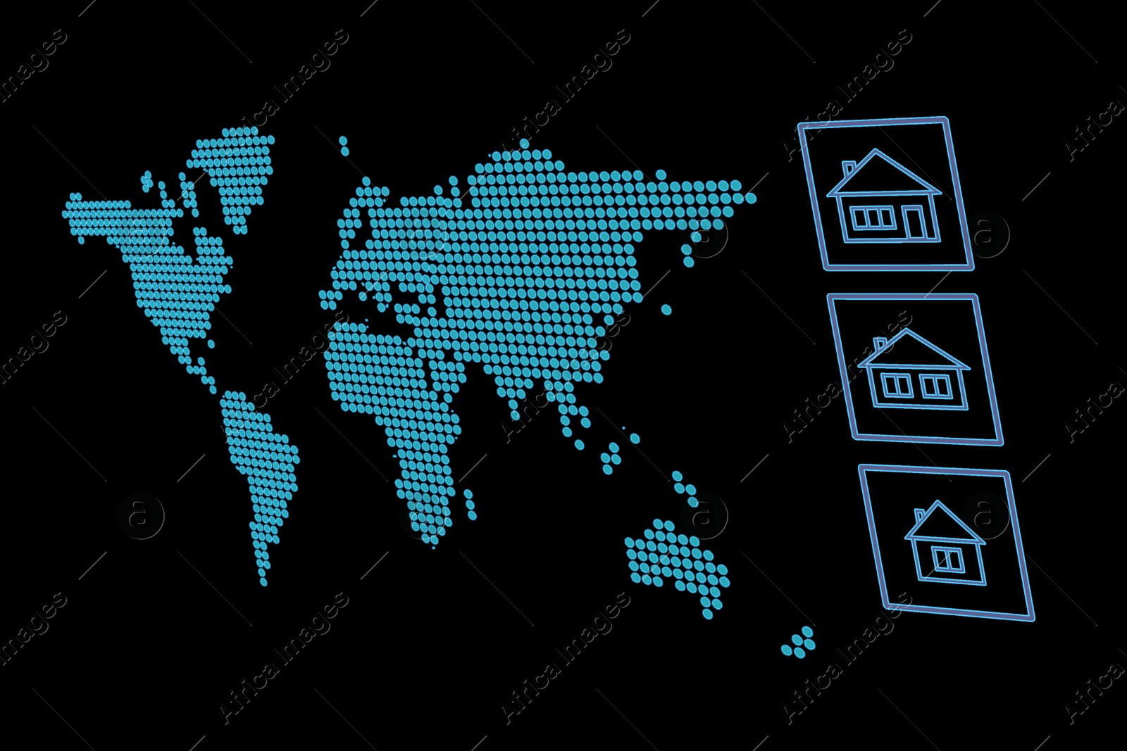 Image of Real estate. Houses and world map on black background, illustration