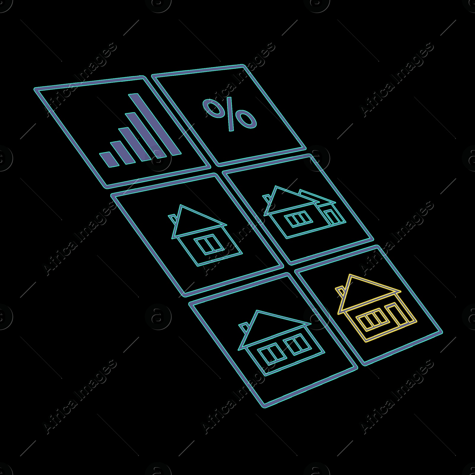 Image of Real estate. Houses and percent sign on black background, illustration