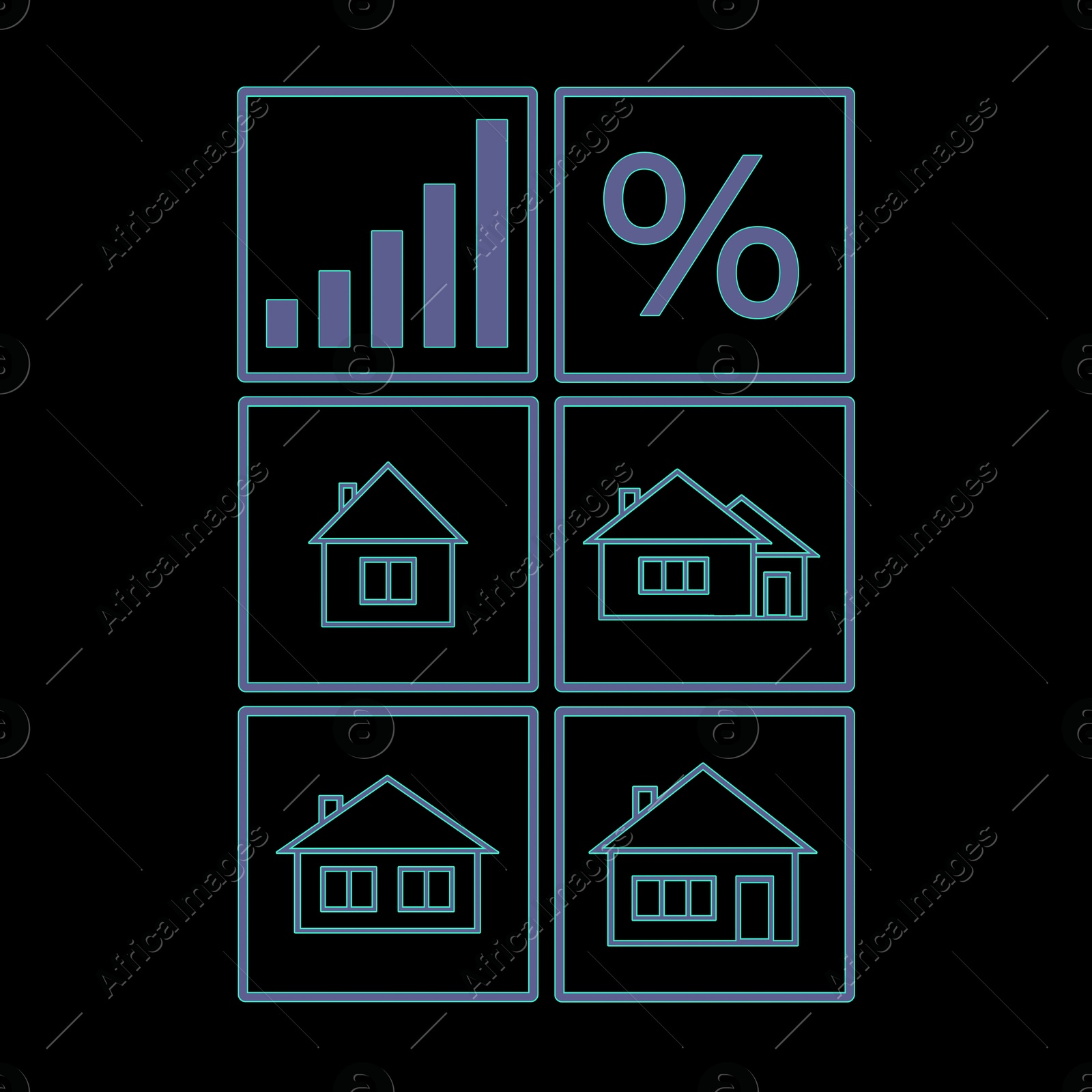 Image of Real estate. Houses and percent sign on black background, illustration