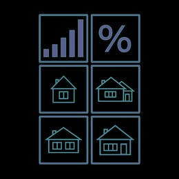 Image of Real estate. Houses and percent sign on black background, illustration