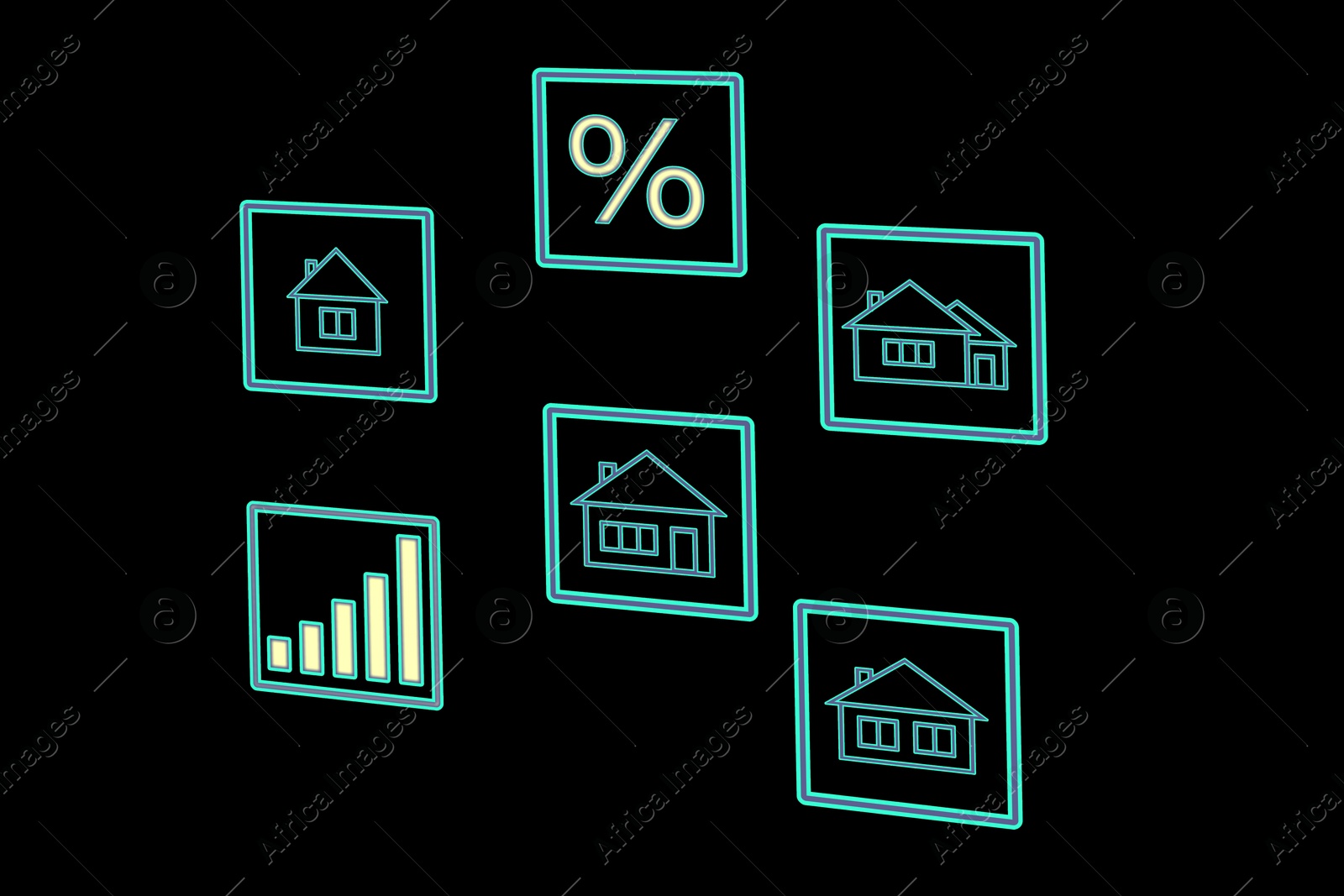 Image of Real estate. Houses and percent sign on black background, illustration