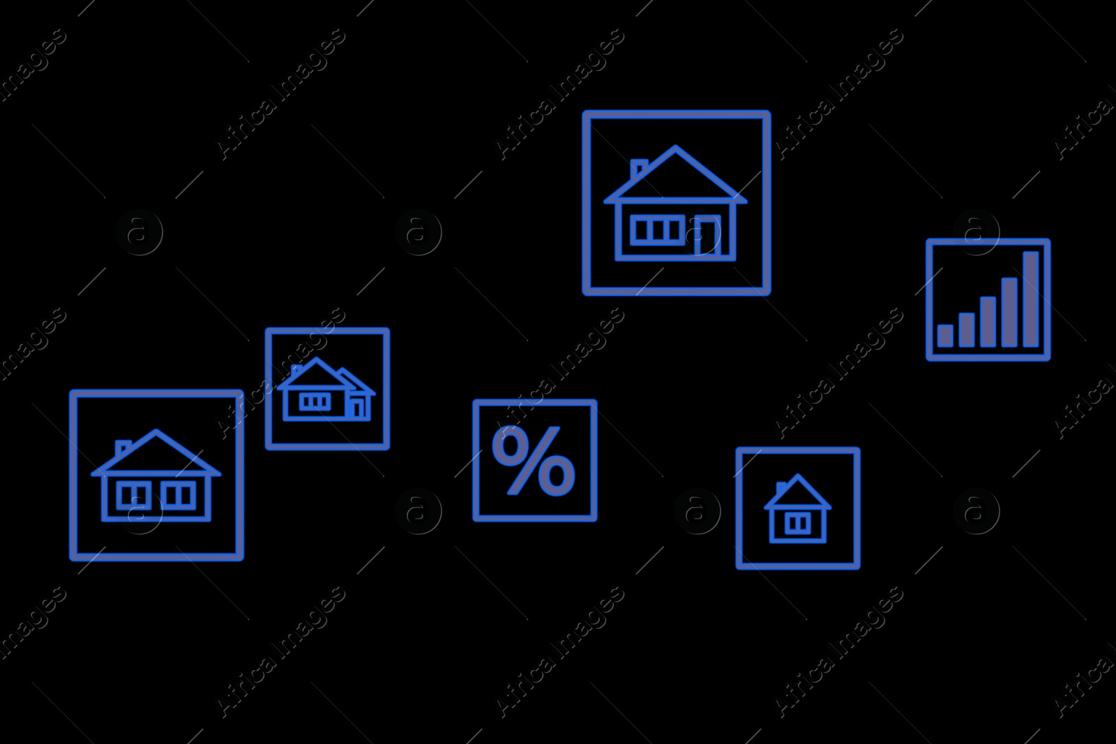 Image of Real estate. Houses and percent sign on black background, illustration