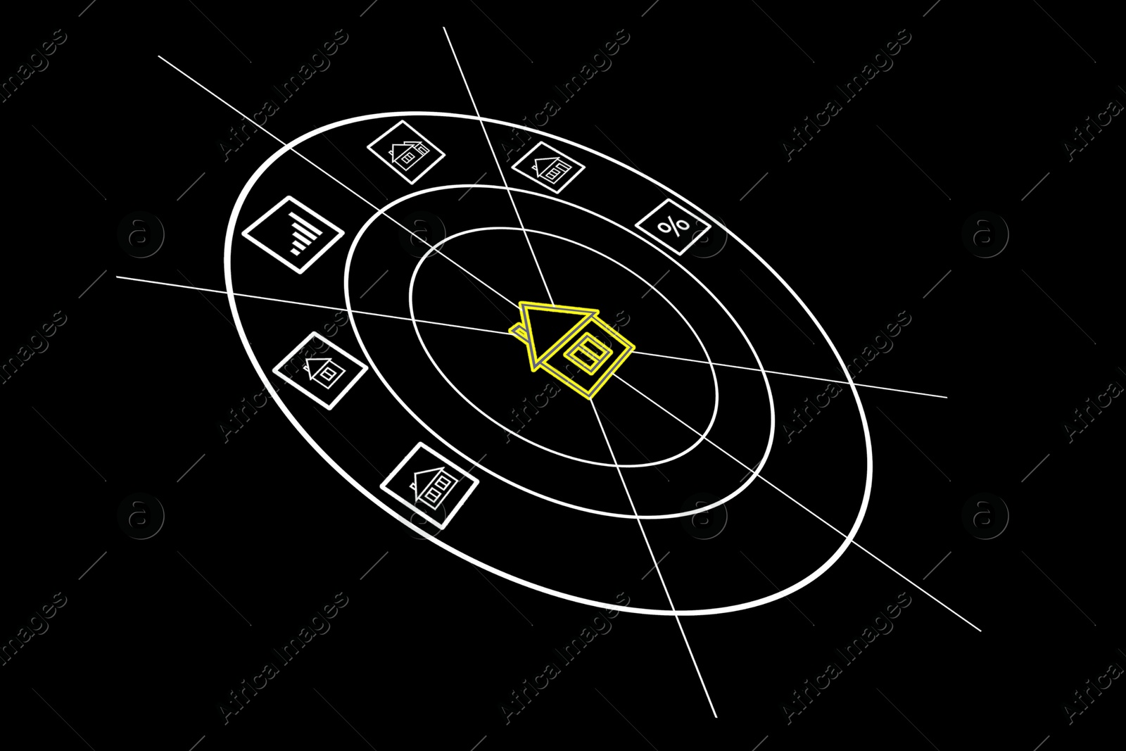 Image of Real estate. Scheme with houses and percent sign on black background, illustration