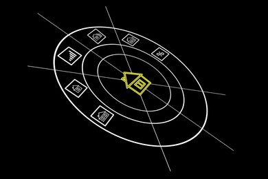 Image of Real estate. Scheme with houses and percent sign on black background, illustration