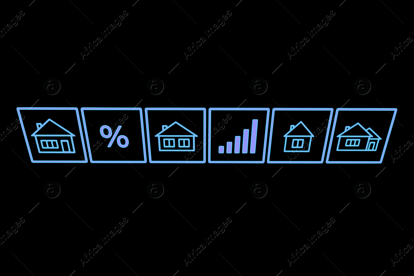 Image of Real estate. Houses and percent sign on black background, illustration