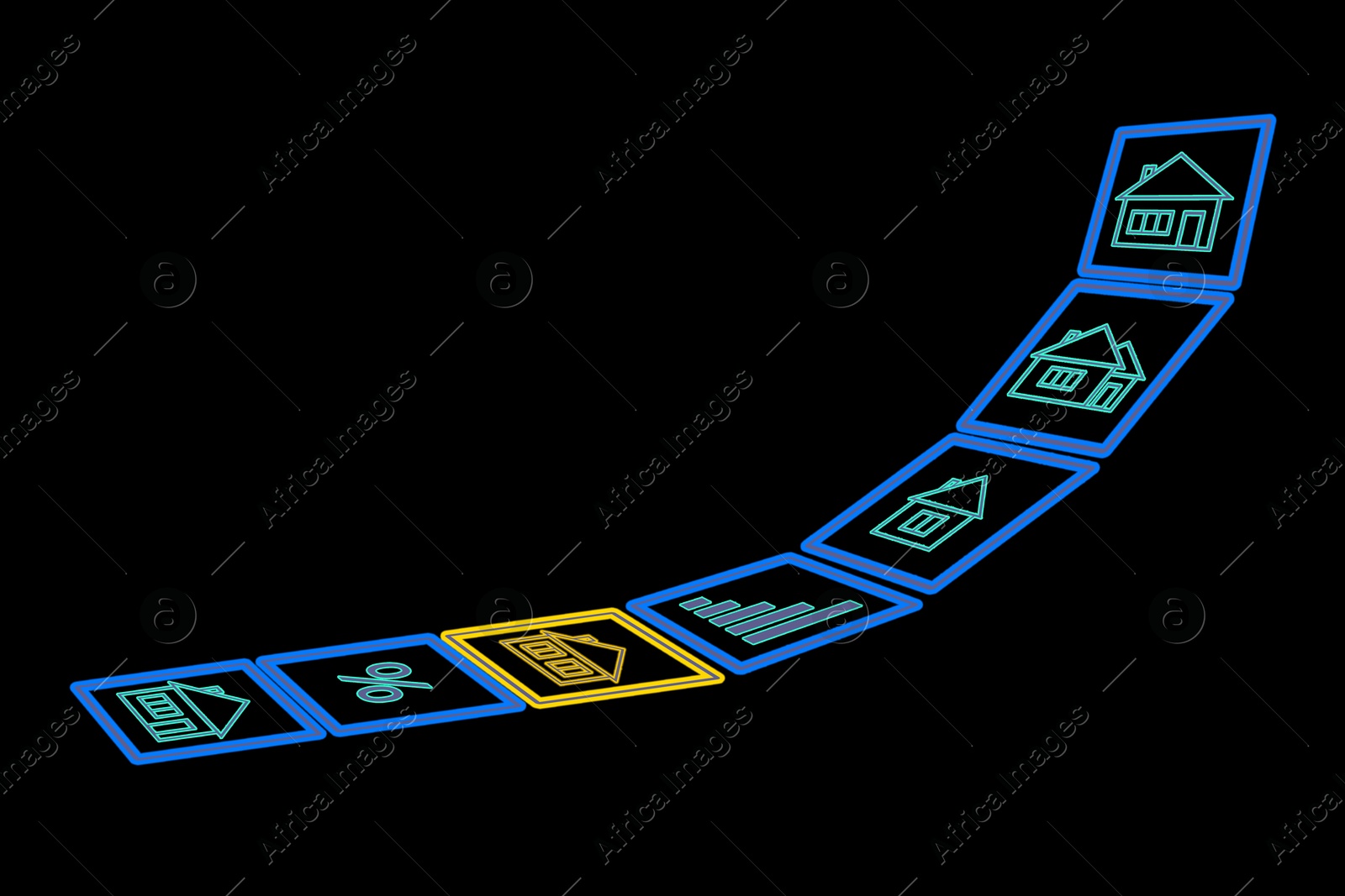 Image of Real estate. Houses and percent sign on black background, illustration