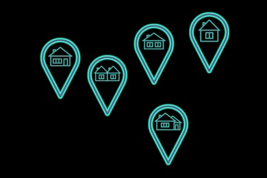 Image of Real estate. Marks with houses on black background, illustration