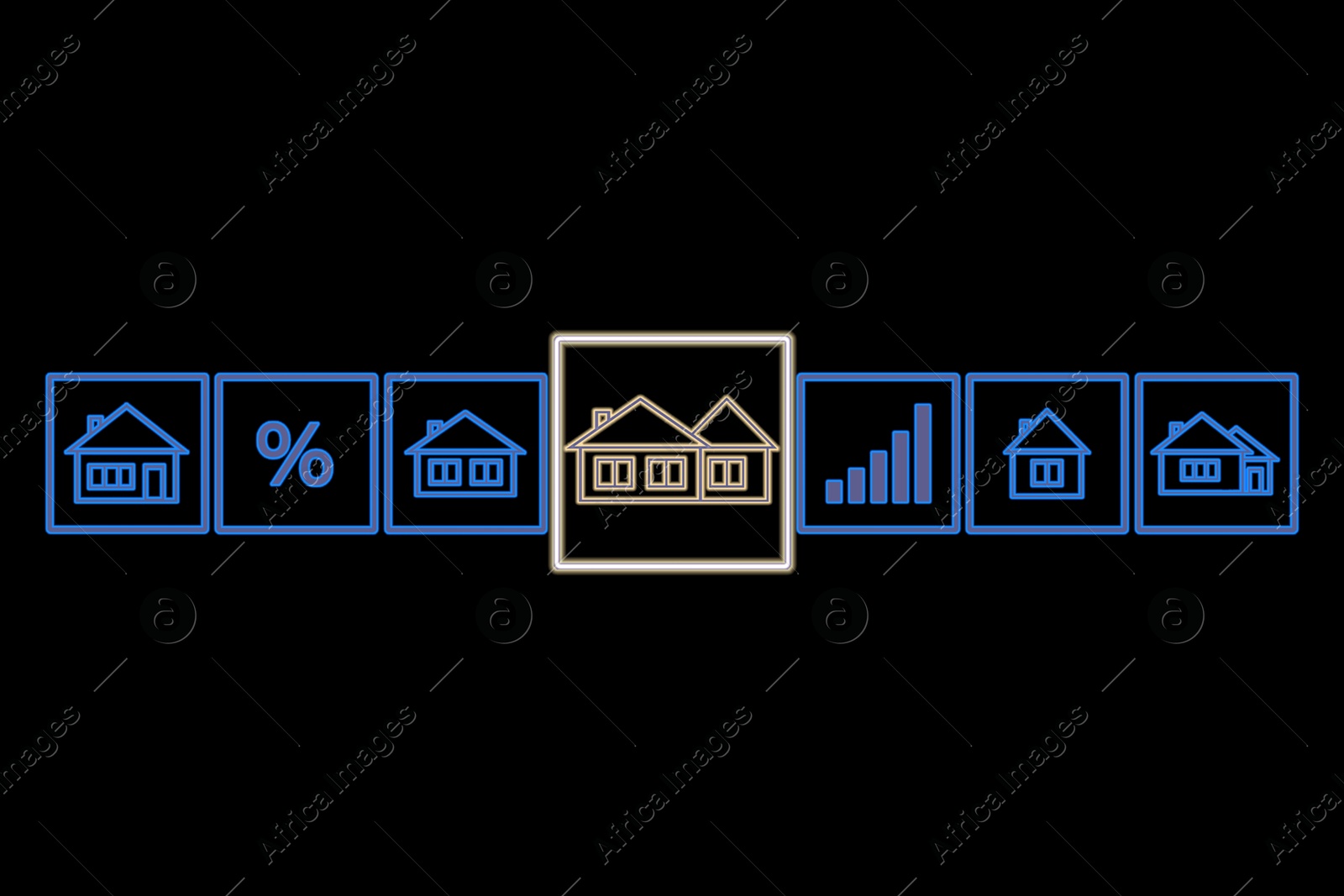 Image of Real estate. Houses and percent sign on black background, illustration