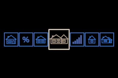 Image of Real estate. Houses and percent sign on black background, illustration