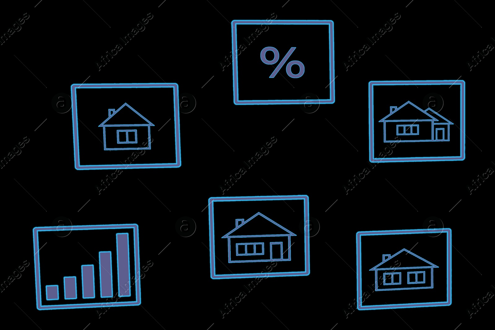 Image of Real estate. Houses and percent sign on black background, illustration