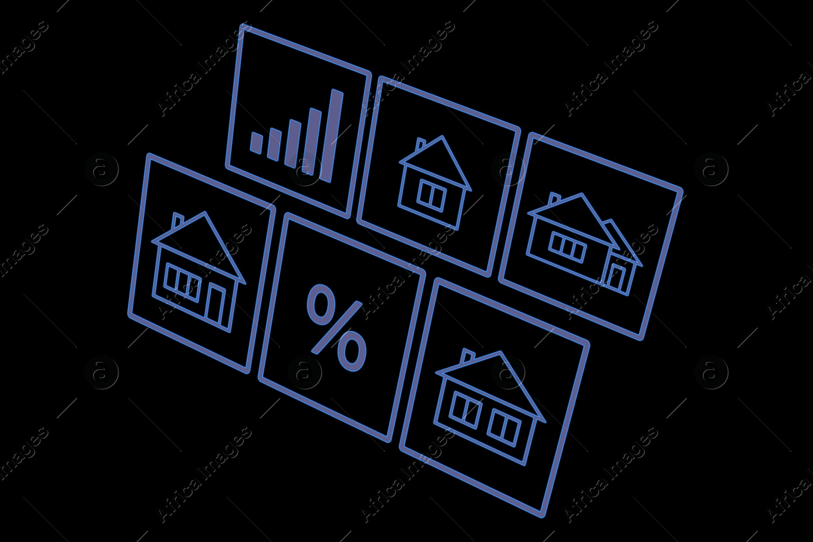 Image of Real estate. Houses and percent sign on black background, illustration