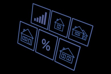 Image of Real estate. Houses and percent sign on black background, illustration