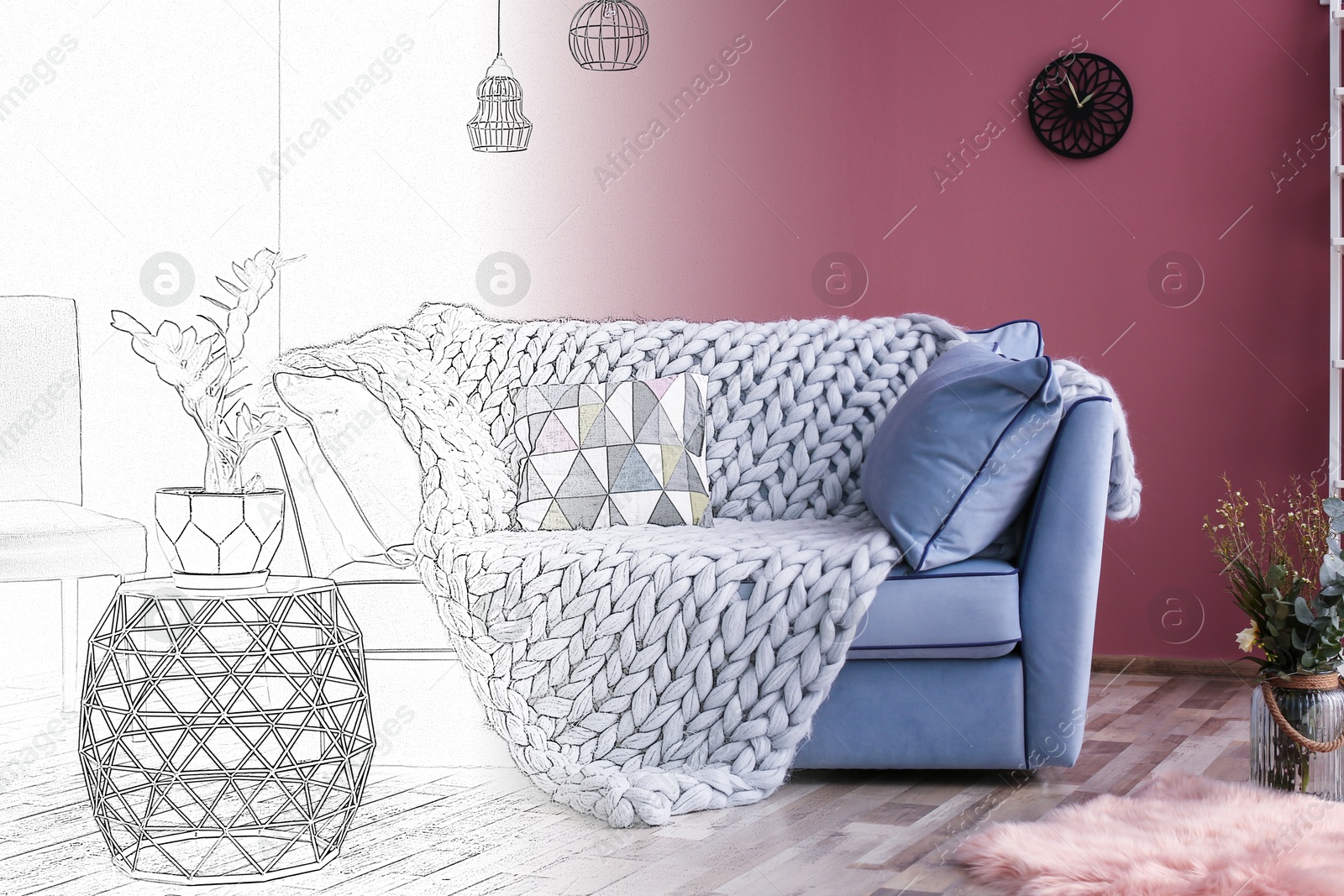 Image of Interior of stylish living room, designer's idea realization. Comfortable sofa near color wall. Combination of photo and sketch