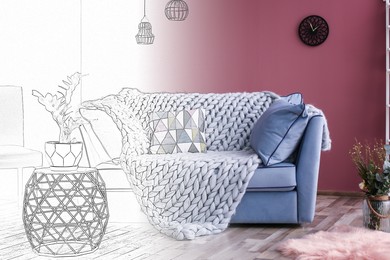 Image of Interior of stylish living room, designer's idea realization. Comfortable sofa near color wall. Combination of photo and sketch