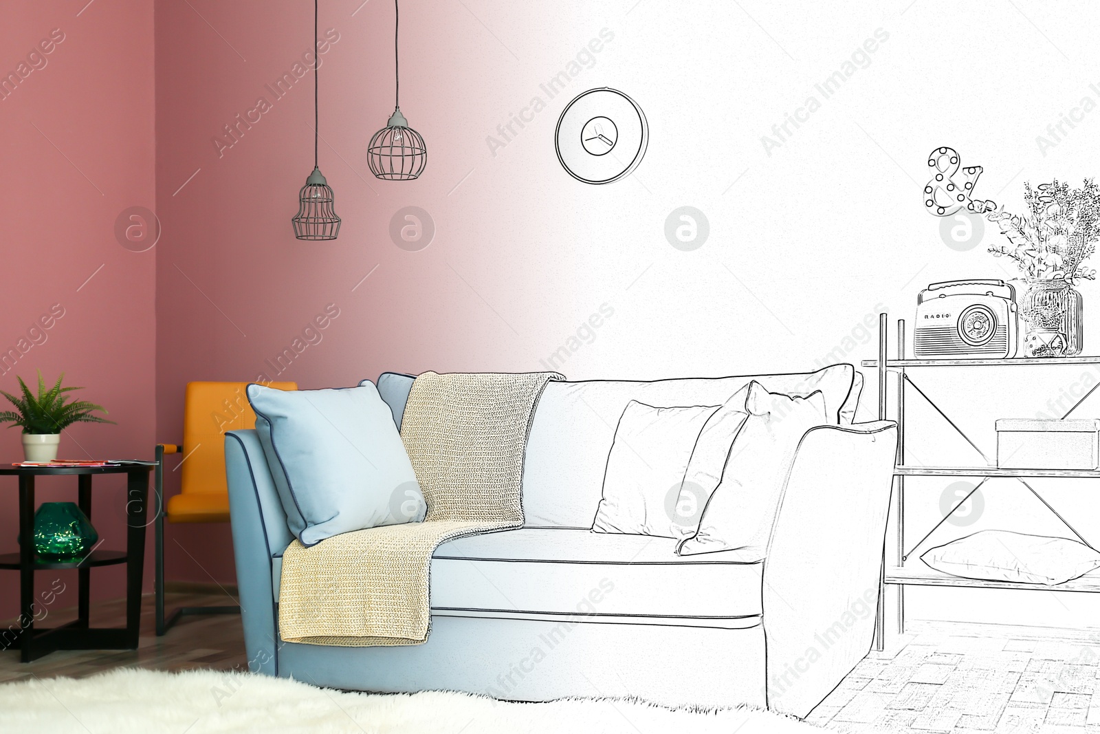 Image of Interior of stylish living room, designer's idea realization. Comfortable sofa near color wall. Combination of photo and sketch