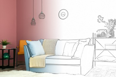 Image of Interior of stylish living room, designer's idea realization. Comfortable sofa near color wall. Combination of photo and sketch