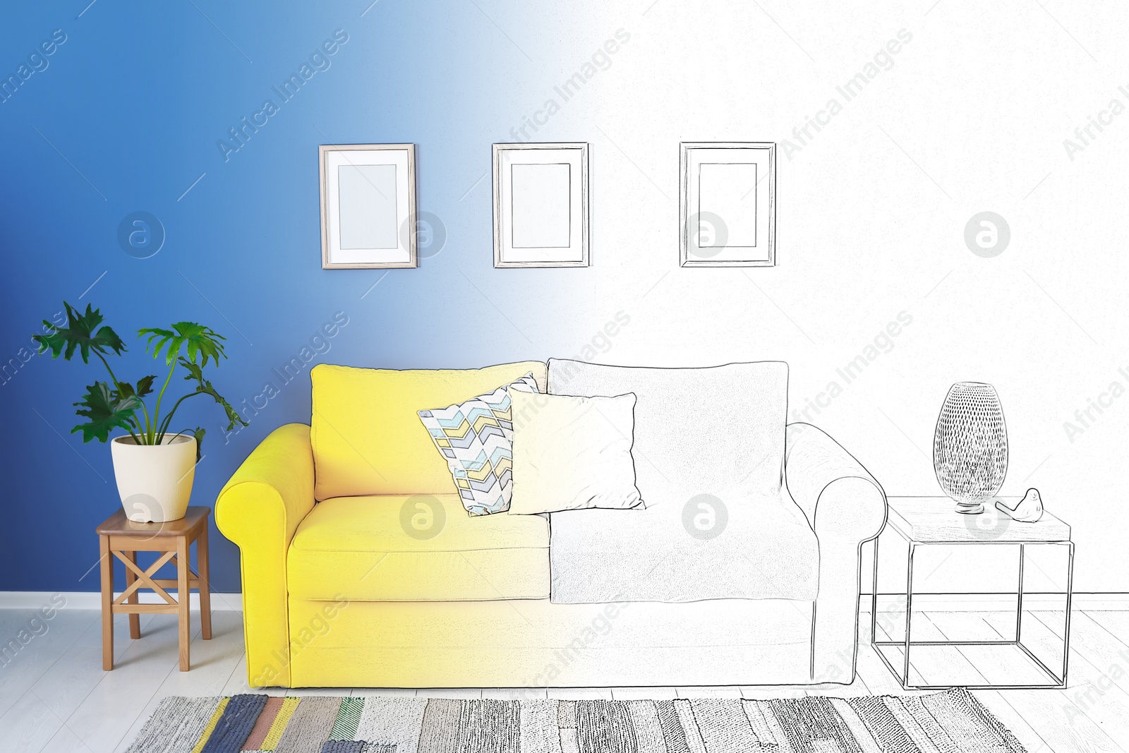 Image of Interior of stylish living room, designer's idea realization. Comfortable sofa and other furniture near color wall. Combination of photo and sketch