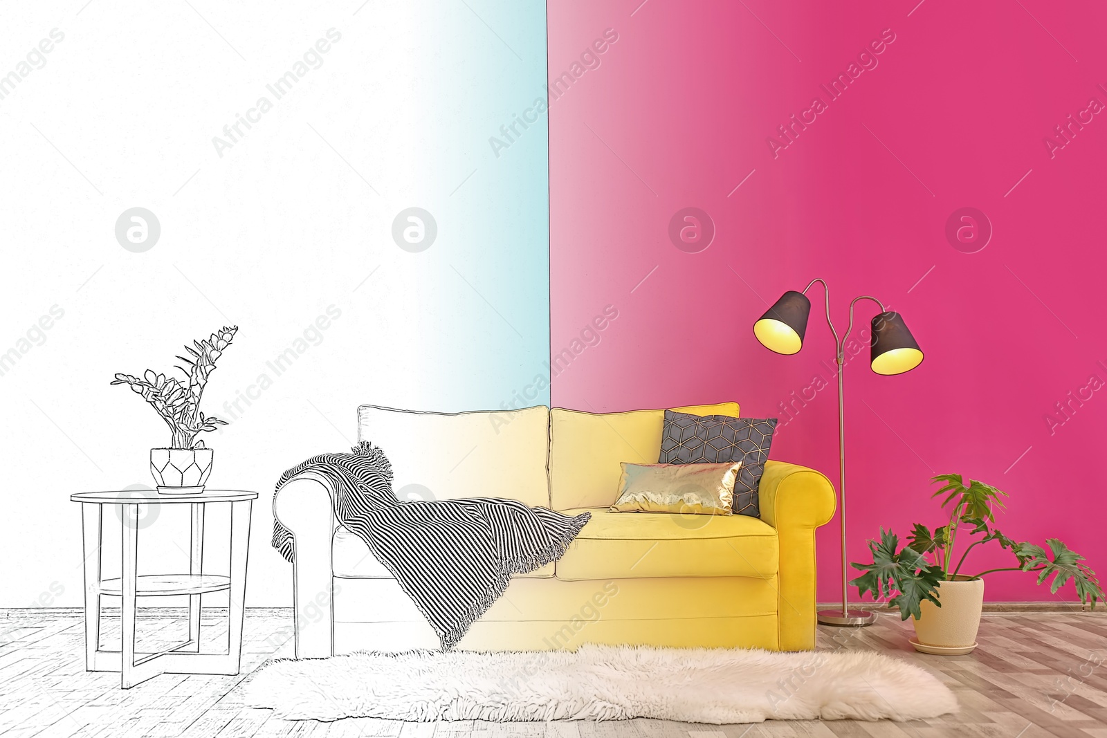 Image of Interior of stylish living room, designer's idea realization. Comfortable sofa near color wall. Combination of photo and sketch