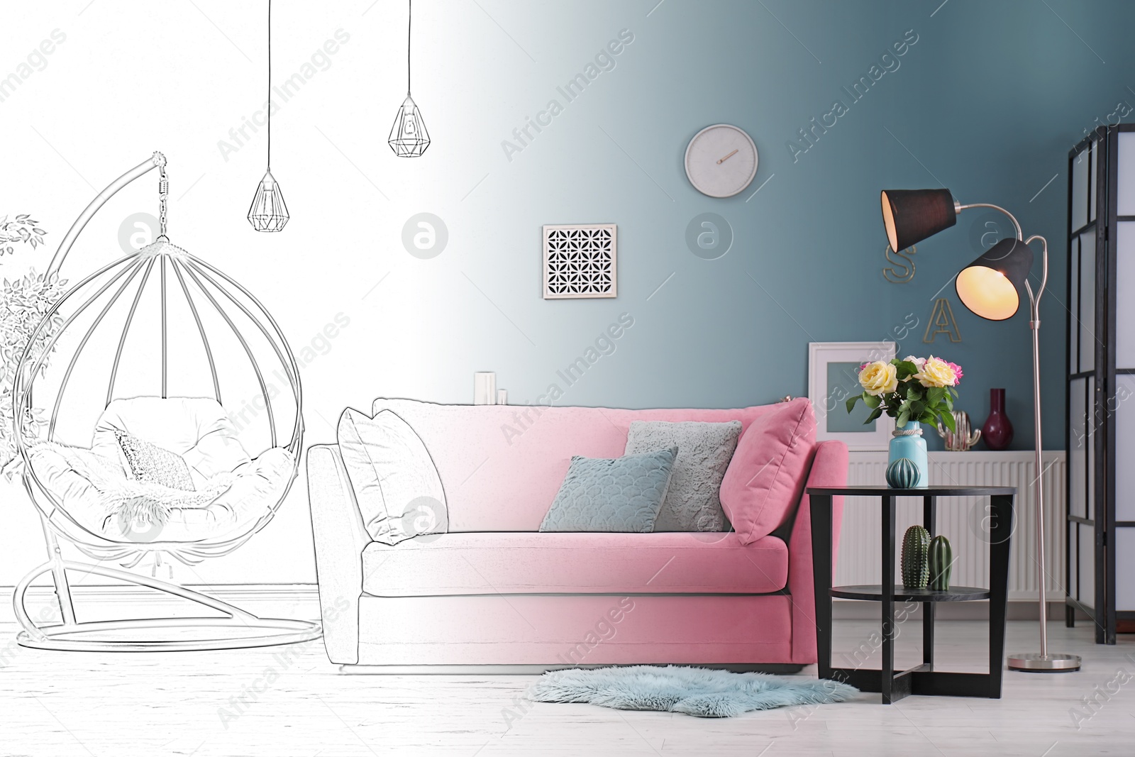 Image of Interior of stylish living room, designer's idea realization. Comfortable sofa and other furniture. Combination of photo and sketch