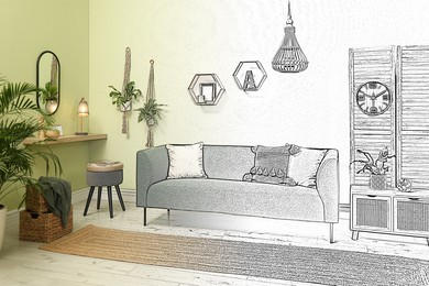 Image of Interior of stylish living room, designer's idea realization. Comfortable couch and other furniture. Combination of photo and sketch