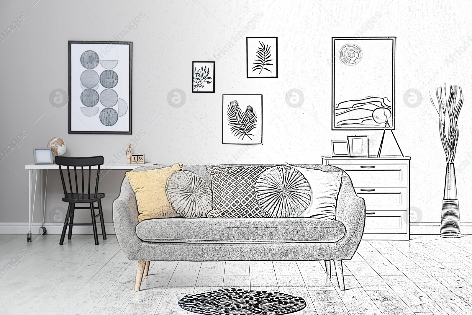 Image of Interior of stylish living room, designer's idea realization. Comfortable couch and other furniture. Combination of photo and sketch