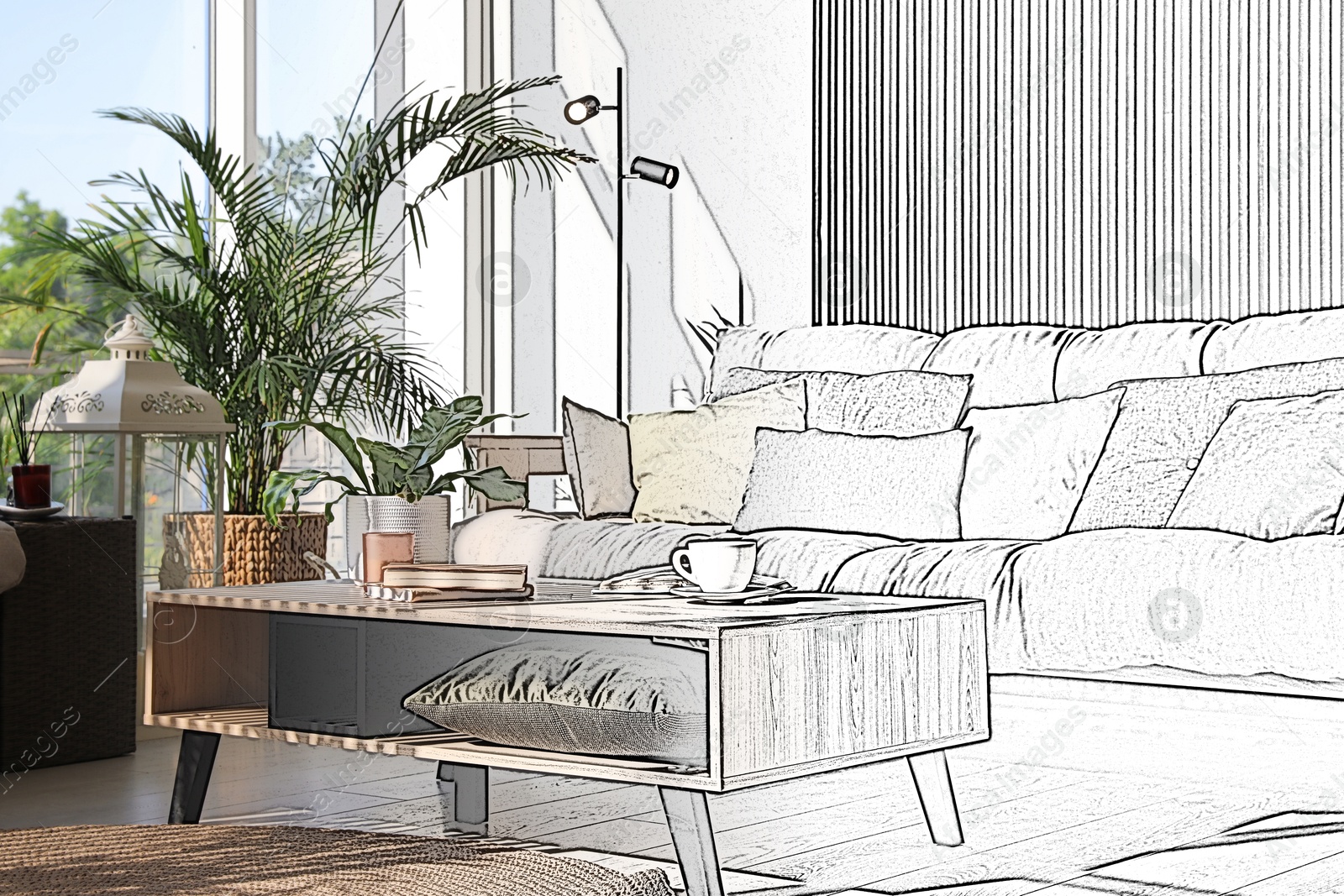 Image of Interior of stylish living room, designer's idea realization. Comfortable sofa and other furniture. Combination of photo and sketch