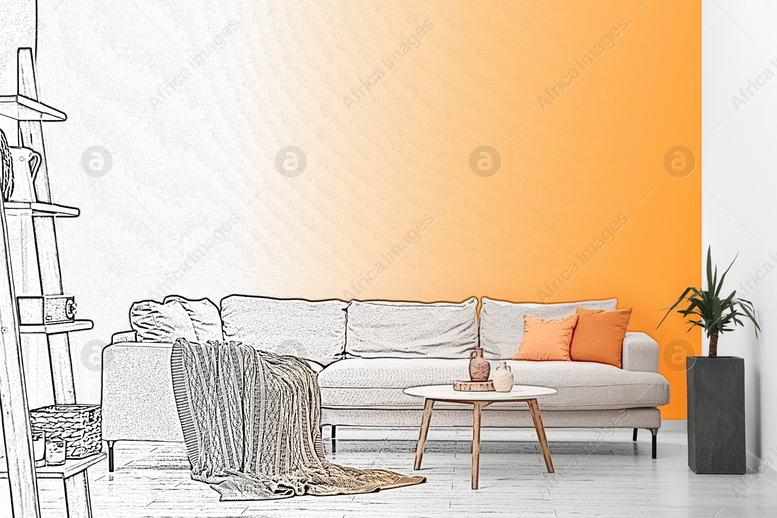 Image of Interior of stylish living room, designer's idea realization. Comfortable sofa near color wall. Combination of photo and sketch