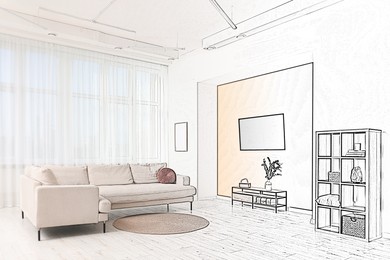 Image of Interior of stylish living room, designer's idea realization. Comfortable sofa and other furniture. Combination of photo and sketch