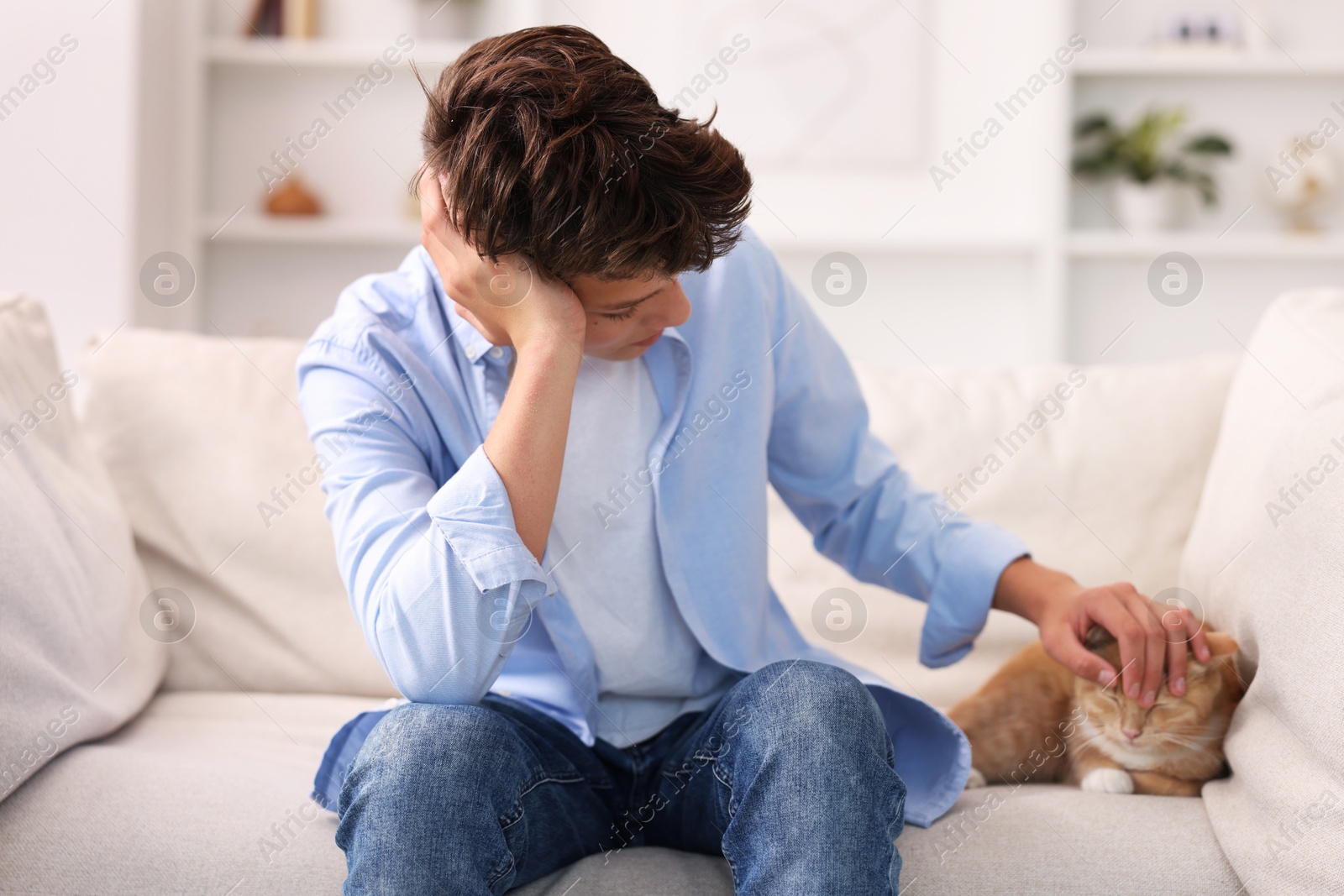 Photo of Loneliness concept. Sad teenage boy with cute cat on sofa at home