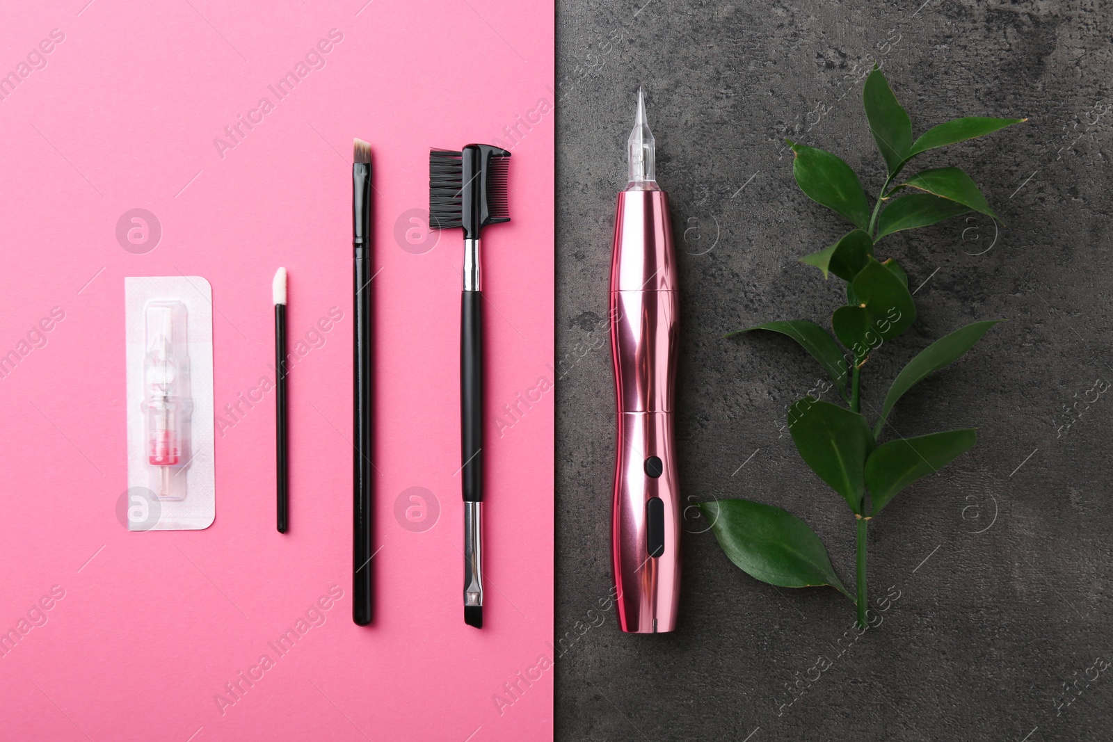 Photo of Permanent makeup equipment kit on color background, flat lay