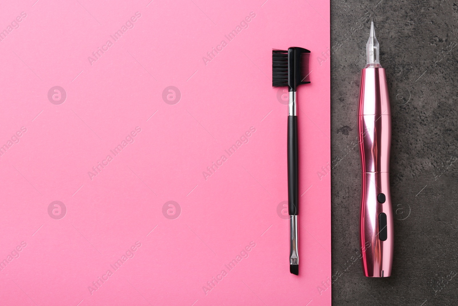 Photo of Professional permanent makeup machine and brush on color background, flat lay. Space for text