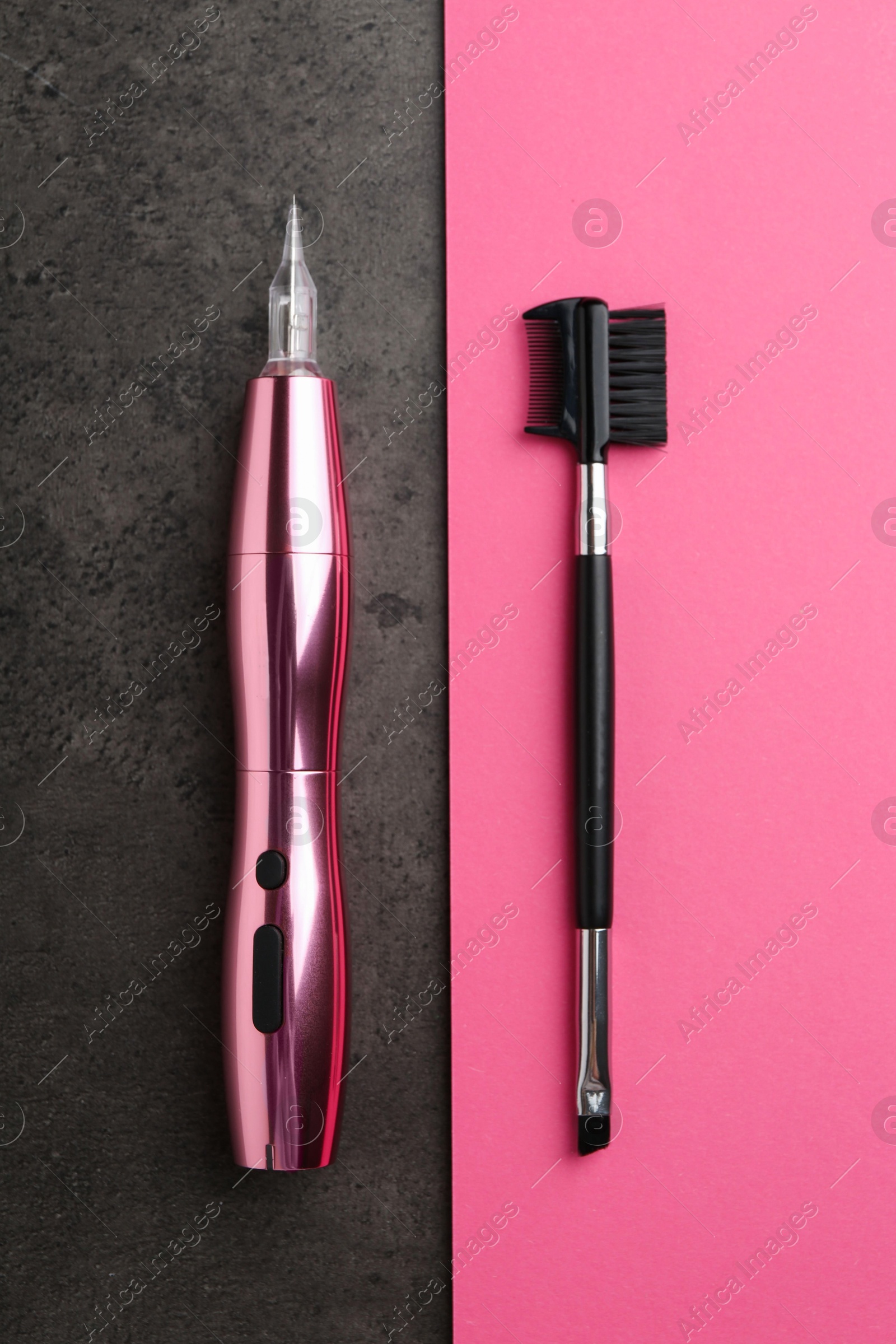 Photo of Professional permanent makeup machine and brush on color background, flat lay