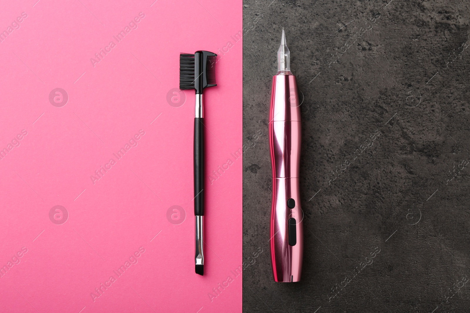 Photo of Professional permanent makeup machine and brush on color background, flat lay