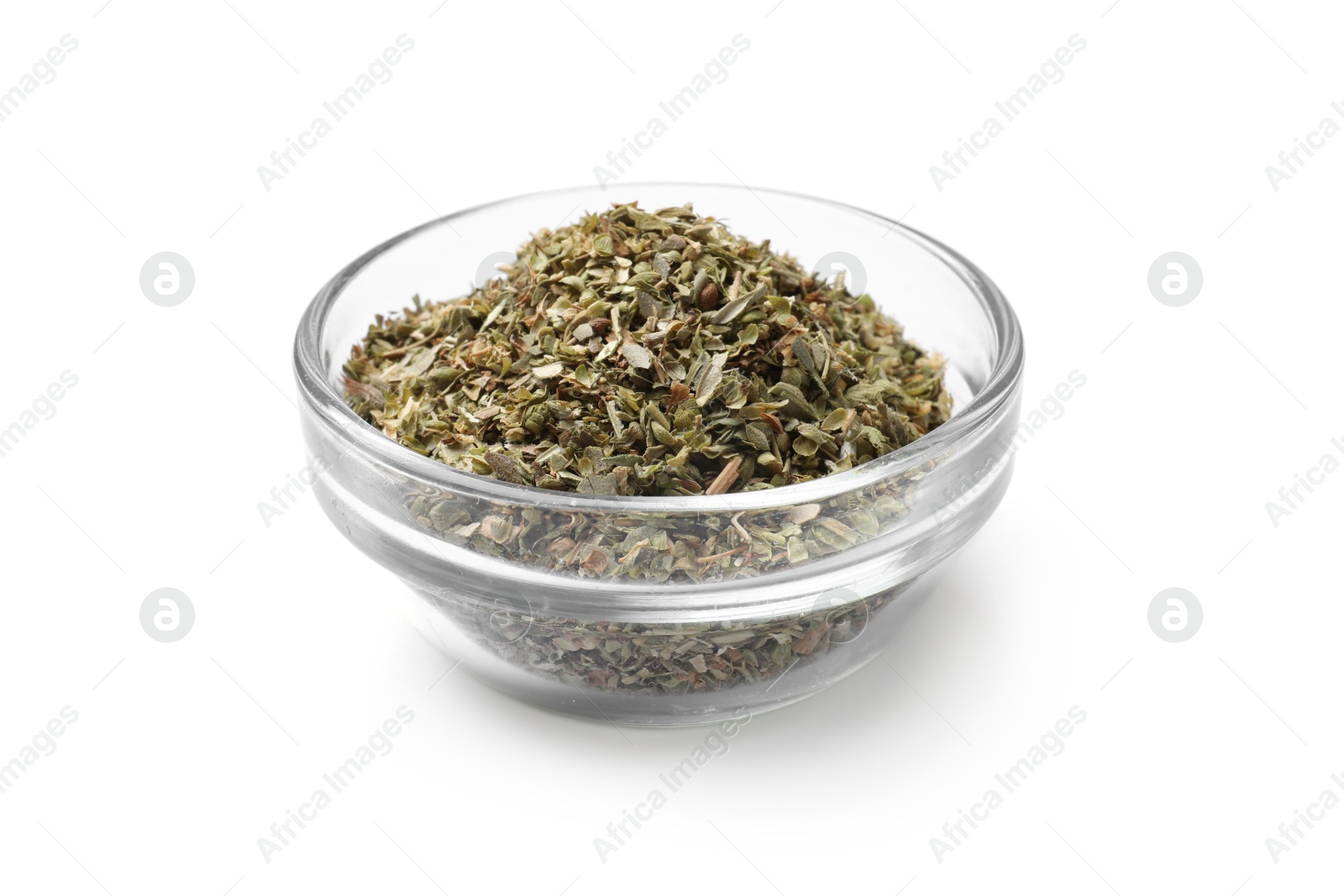 Photo of Dried oregano in bowl isolated on white