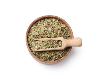 Photo of Dried oregano in bowl and scoop isolated on white, top view