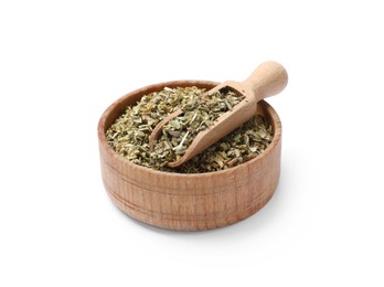 Photo of Dried oregano in bowl and scoop isolated on white