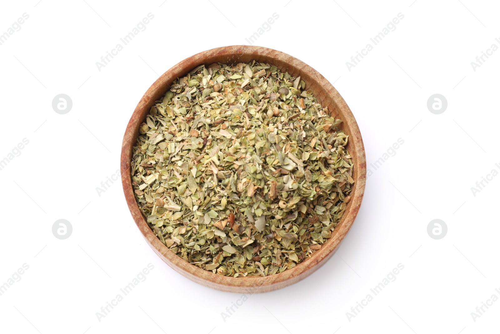 Photo of Dried oregano in bowl isolated on white, top view