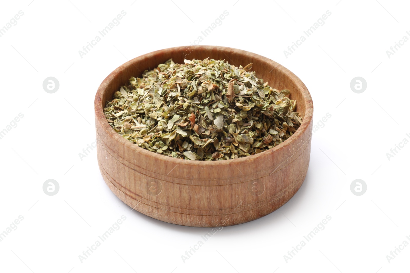 Photo of Dried oregano in bowl isolated on white