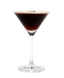 Photo of One glass of delicious espresso martini isolated on white