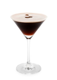 Photo of One glass of delicious espresso martini isolated on white