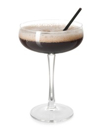 Photo of One glass of delicious espresso martini on white background