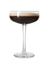 Photo of One glass of delicious espresso martini on white background