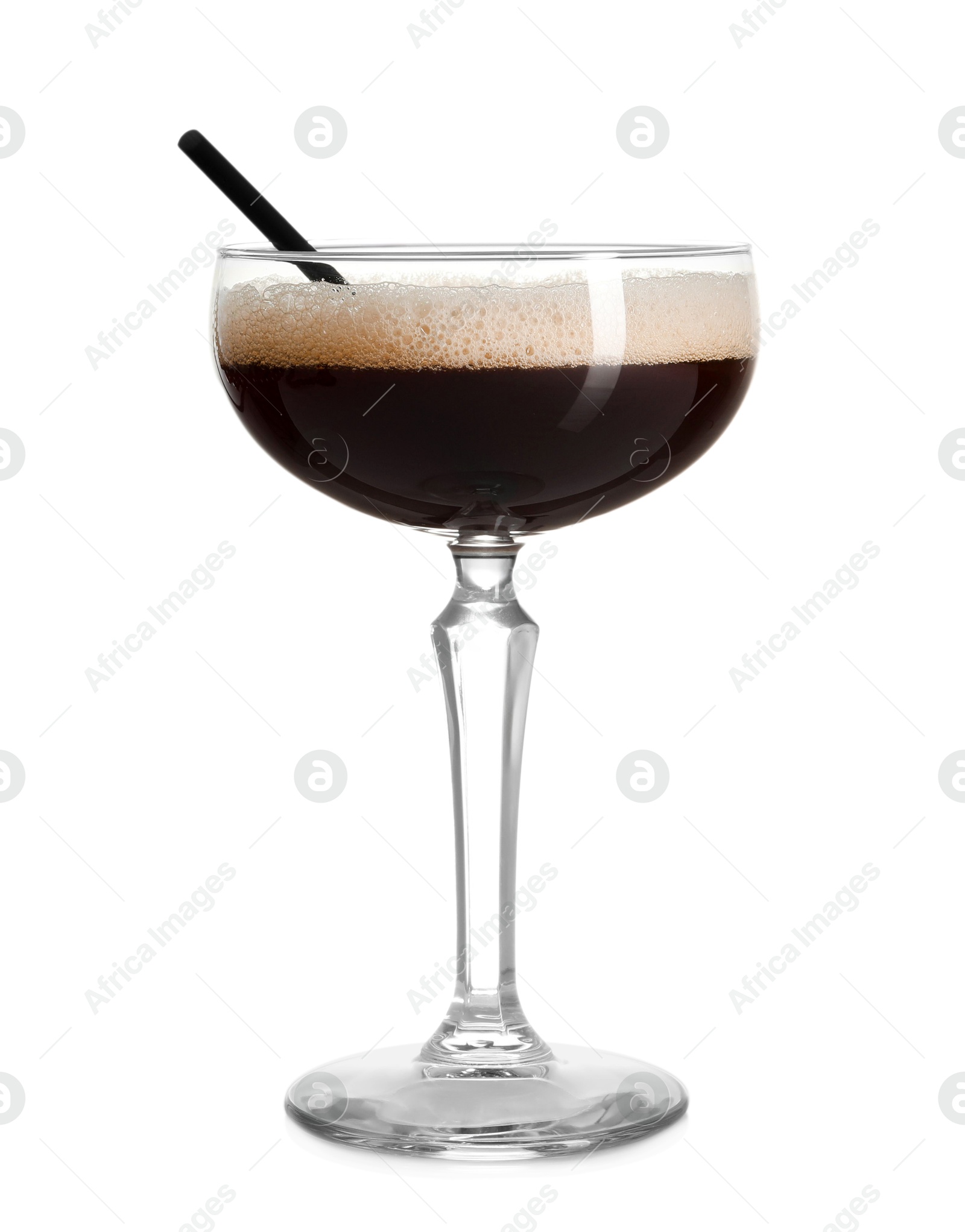 Photo of One glass of delicious espresso martini on white background