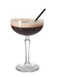 One glass of delicious espresso martini on white background