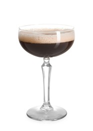 Photo of One glass of delicious espresso martini on white background