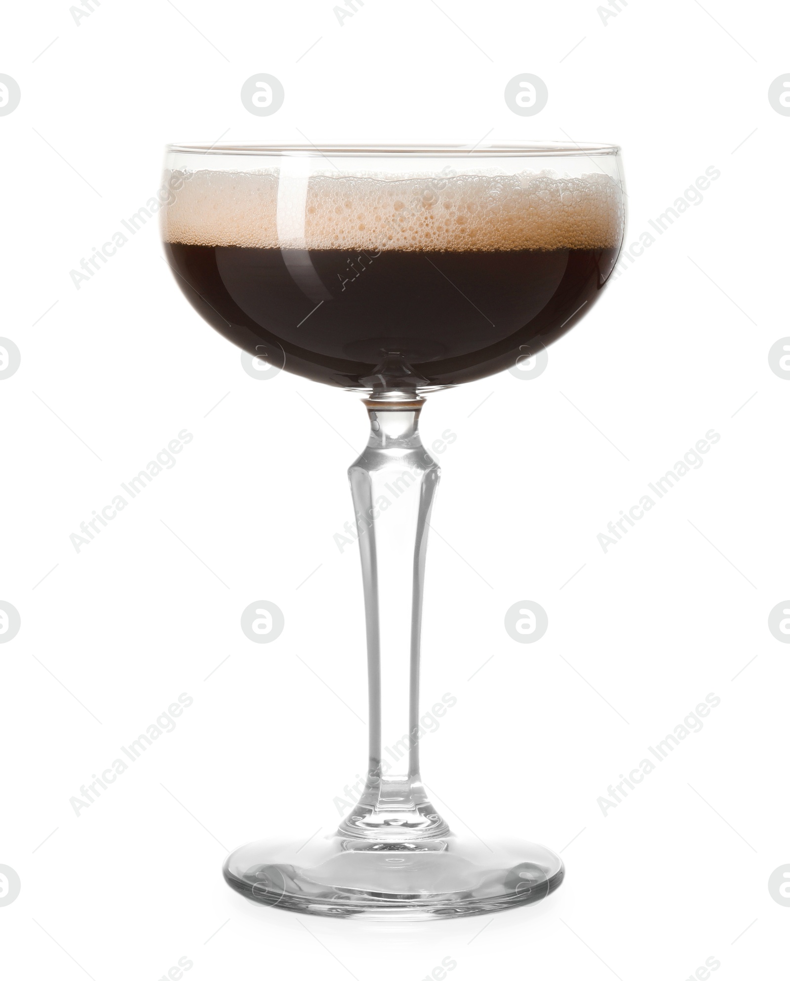 Photo of One glass of delicious espresso martini on white background