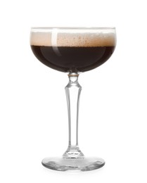 Photo of One glass of delicious espresso martini on white background