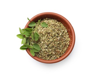 Photo of Dried oregano in bowl and green leaves isolated on white, top view